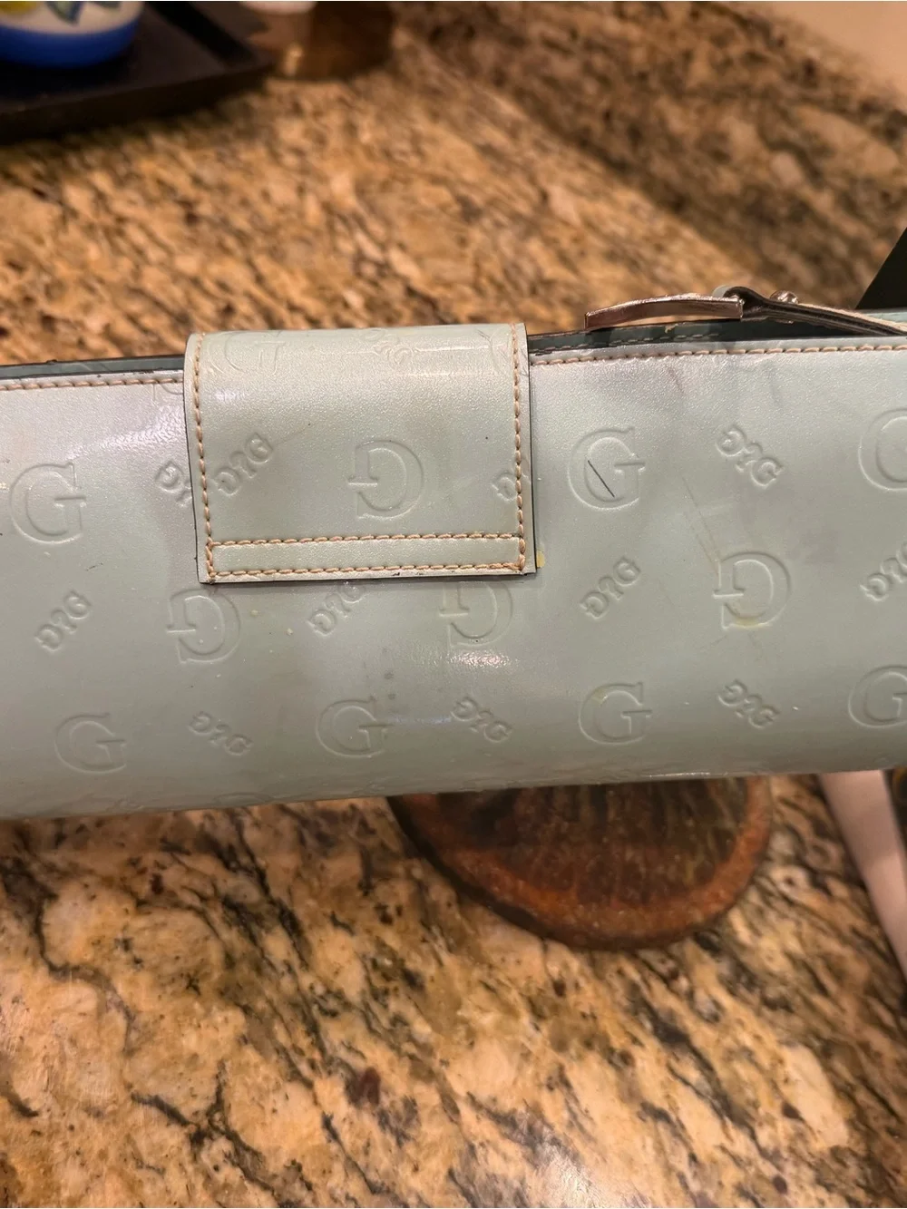 G by Guess light blue Patent Heart-Clasp Wristlet